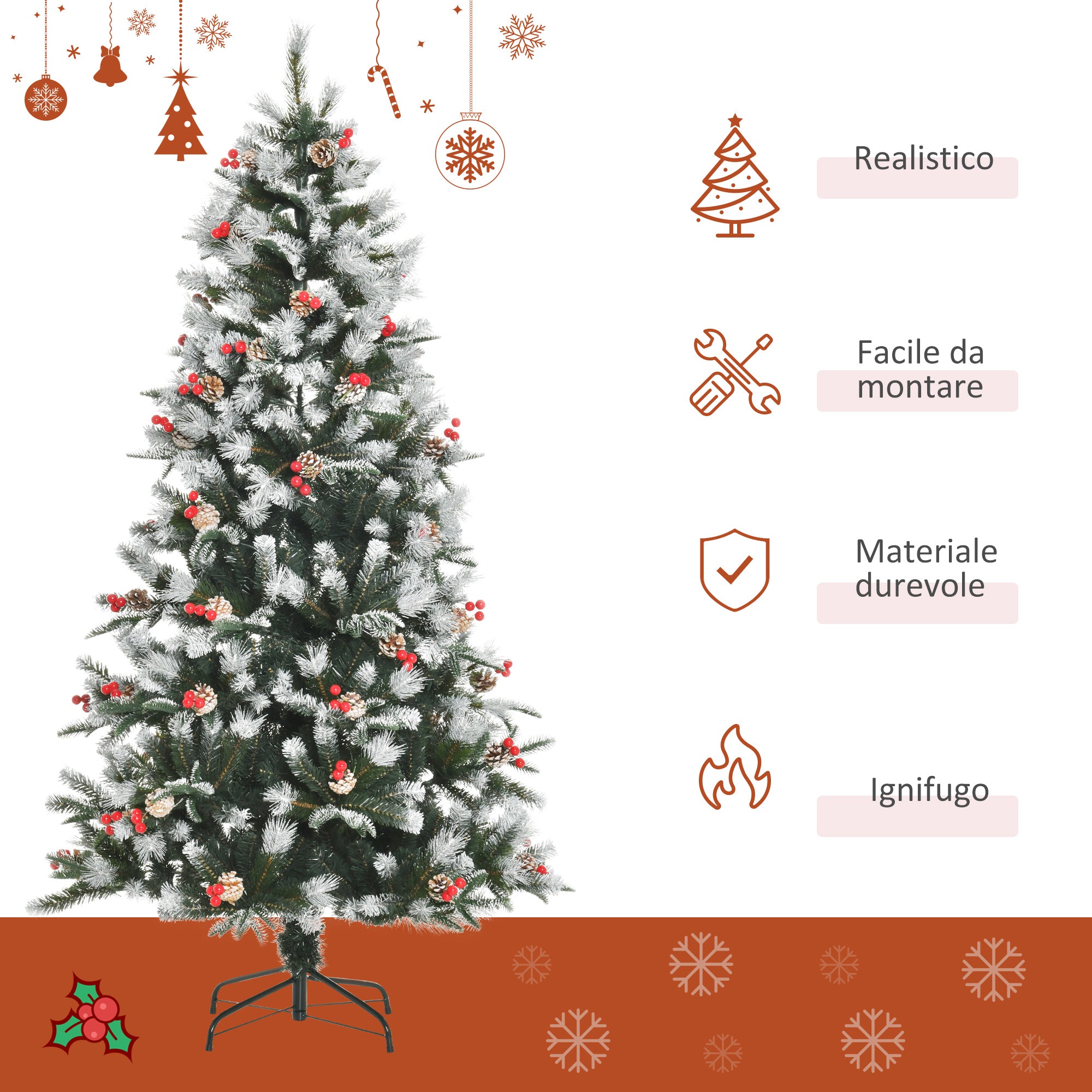180cm Snowy Christmas Tree with Red Berries and White Pine Cones, Removable Folding Base, 678 Branches, Green