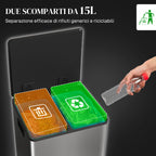15L 2-Section Pedal Bin with Silent Lid, Stainless Steel and PP, 41.8 x 36.7 x 44 cm