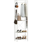 2-Tier Coat Rack with Shoe Rack, Clothes Rail, 4 Hooks, Top Shelf, 52x30x180 cm, White