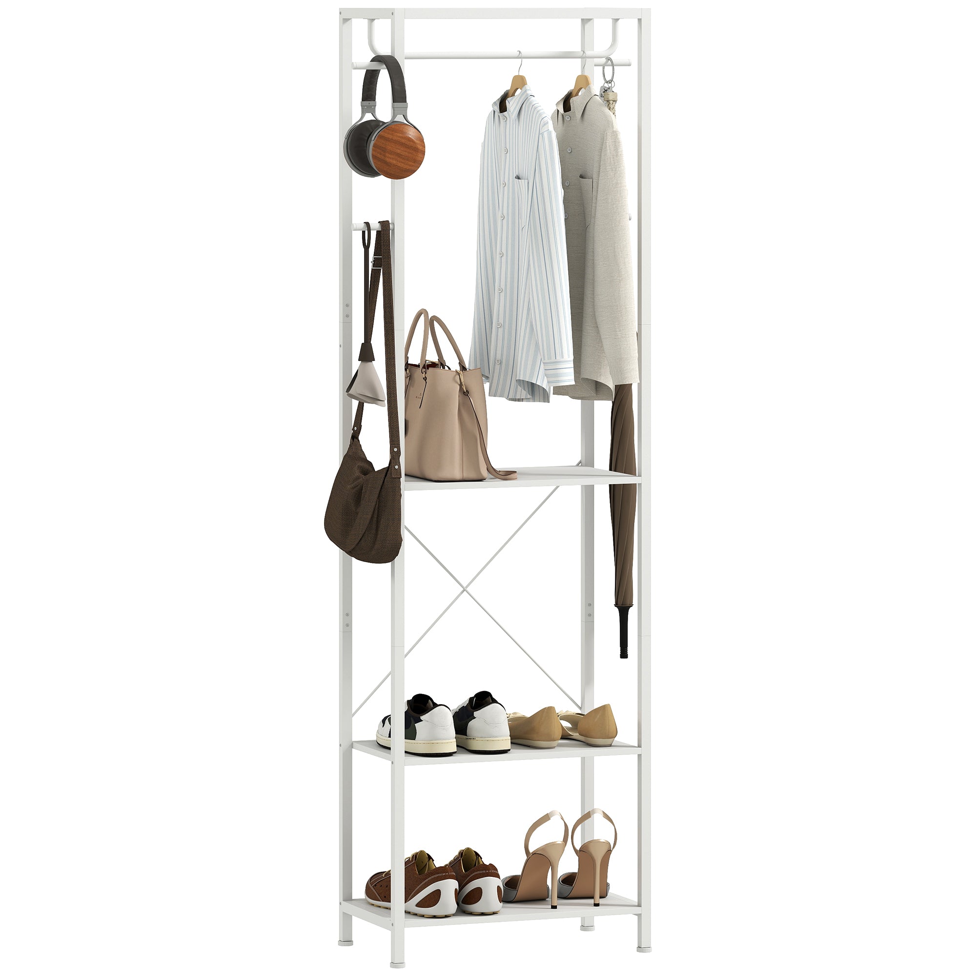 2-Tier Coat Rack with Shoe Rack, Clothes Rail, 4 Hooks, Top Shelf, 52x30x180 cm, White