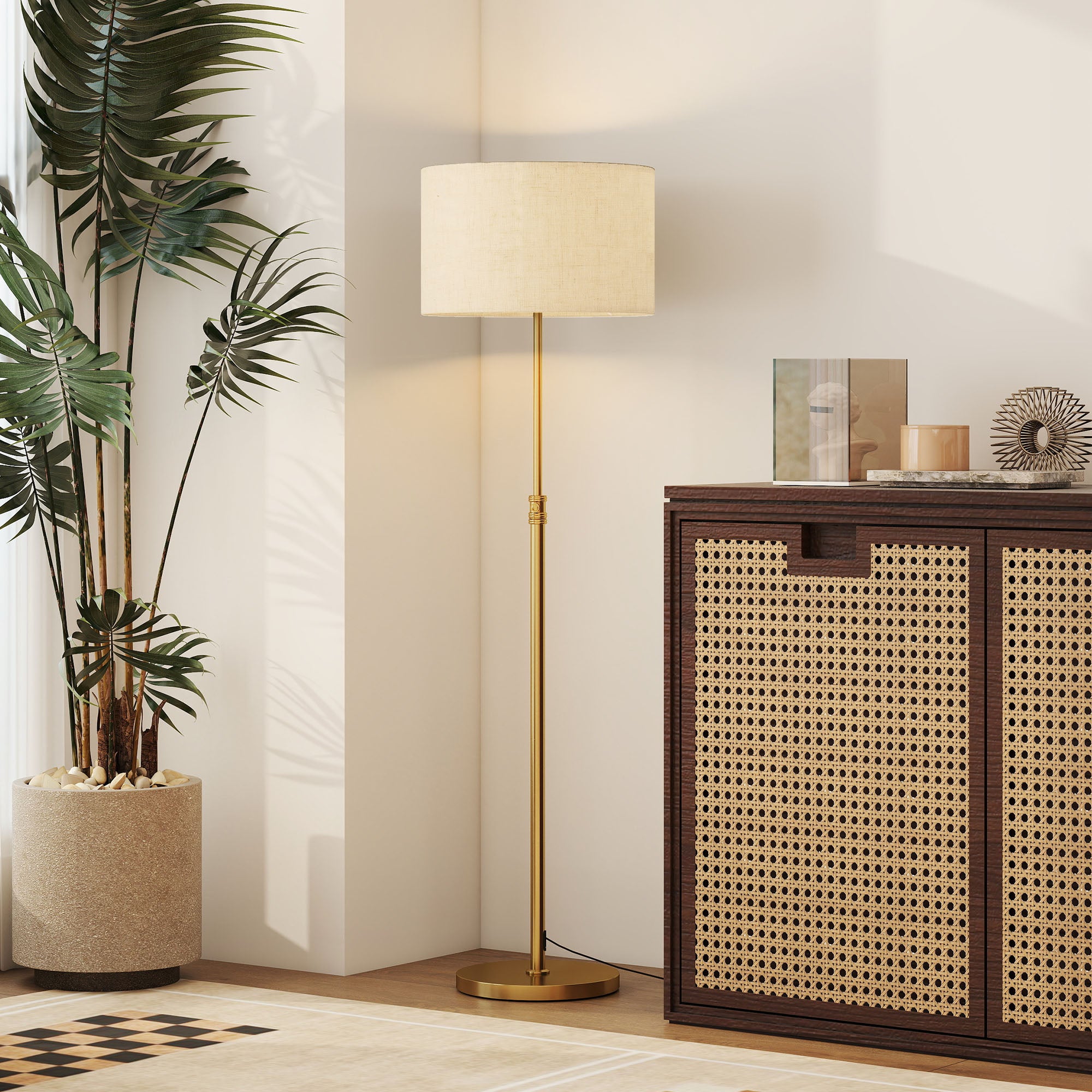 Floor Lamp with Remote Control and Adjustable Brightness 3000K-6000K, Fabric Lampshade, Gold