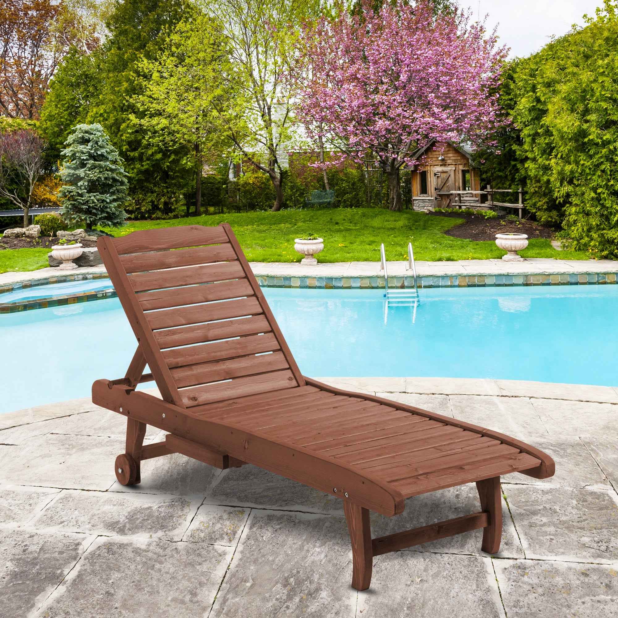 Outsunny Wooden Sun Lounger, Garden Lounger with Wheels and Removable Tray 182x60x35cm