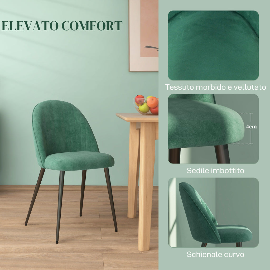 HOMCOM Set of 4 Modern Padded Chairs with Curved Back, in Velvet Effect Fabric and Steel, 50x52x83 cm, Green - Borgè