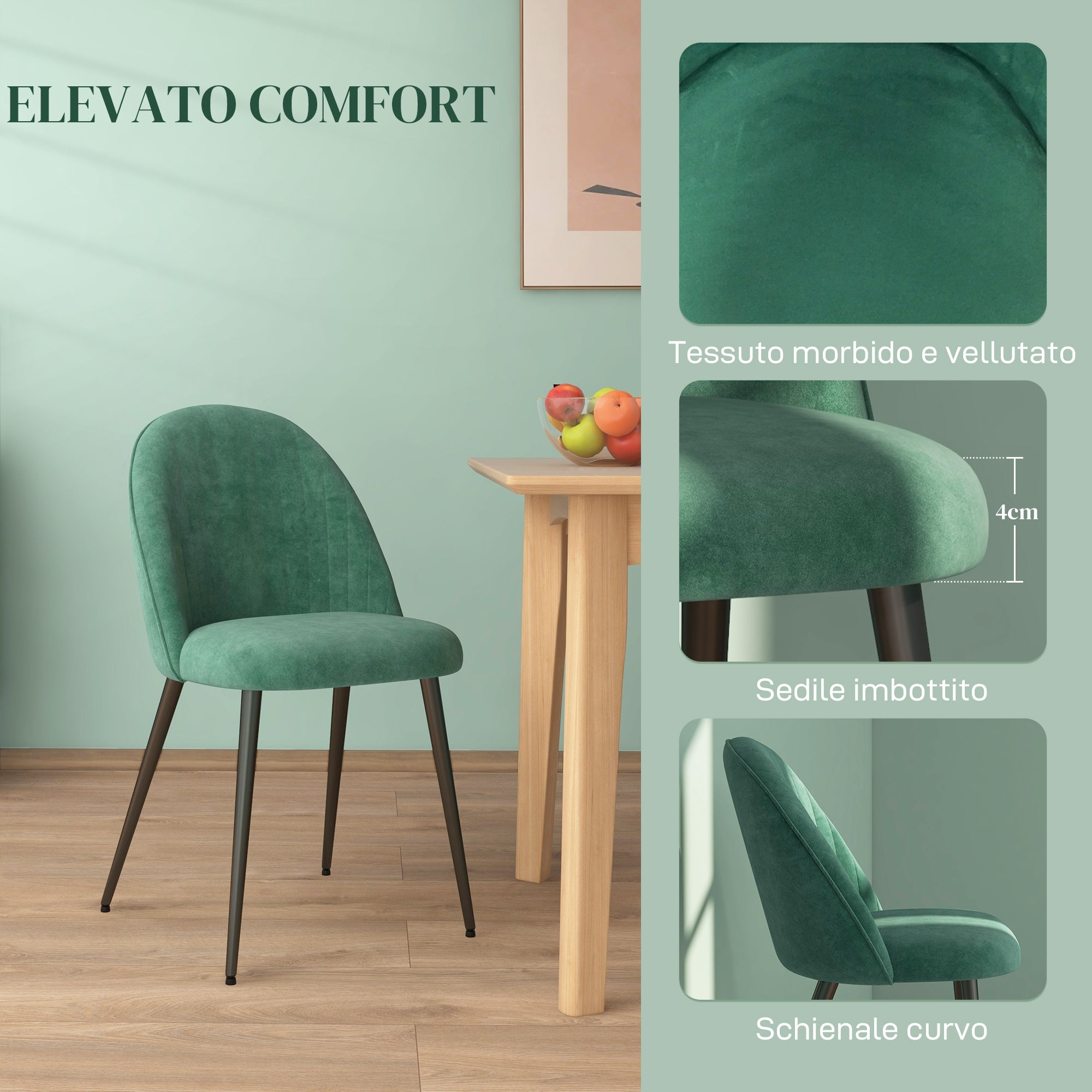 HOMCOM Set of 4 Modern Padded Chairs with Curved Back, in Velvet Effect Fabric and Steel, 50x52x83 cm, Green - Borgè