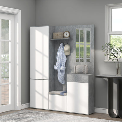 Hallway Cabinet 4 in 1 with Mirror, Hooks and Internal Shelves, Wooden, 145x29x184 cm, Grey and White