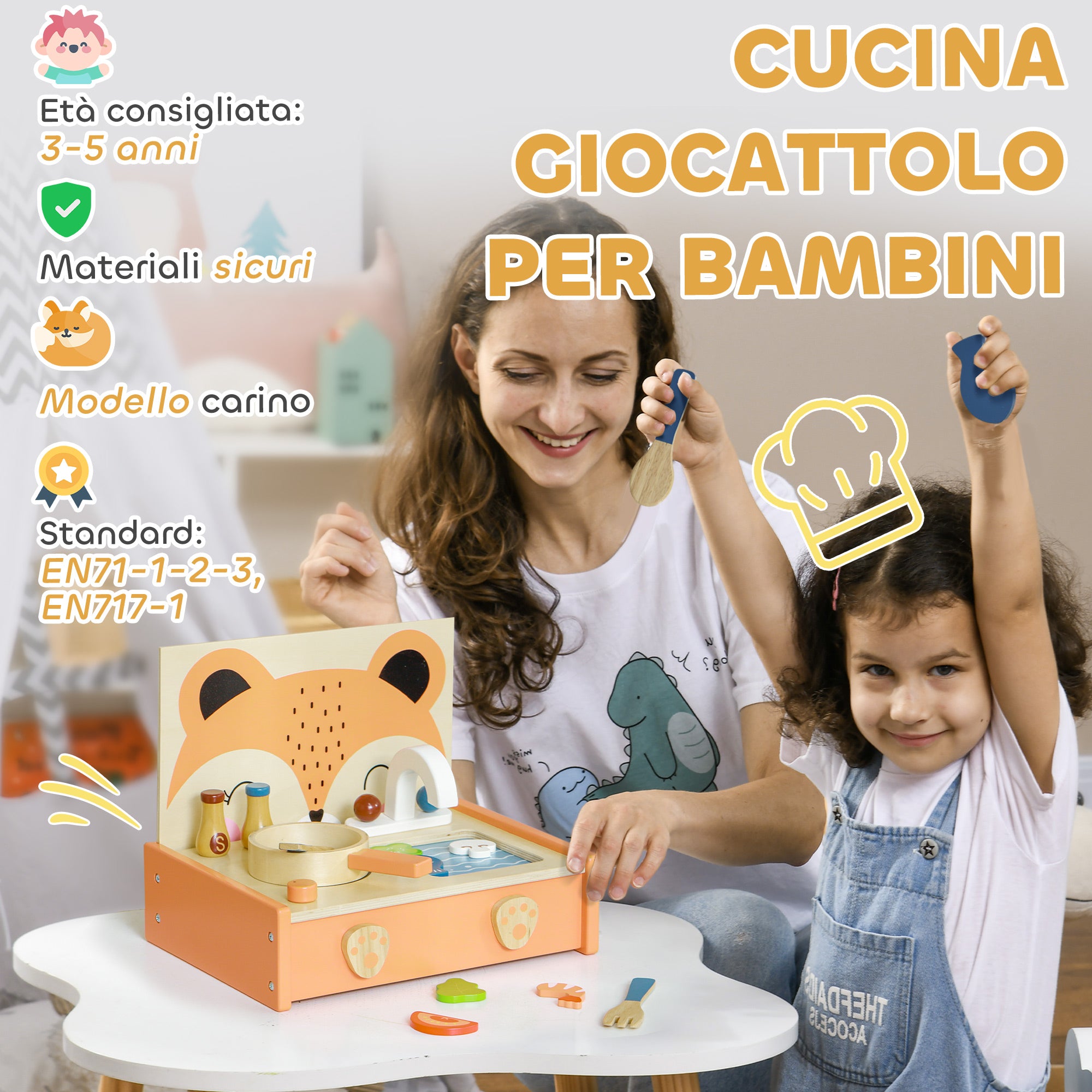 Toy Kitchen for Children 3-5 Years with Stove and 12 Wooden Accessories, Multicolo
