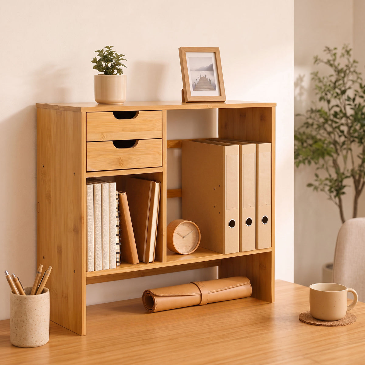 HOMCOM Bamboo Desk Organizer with 2 Drawers, Multifunctional Stationery and Document Holder with Shelves, Reversible Use