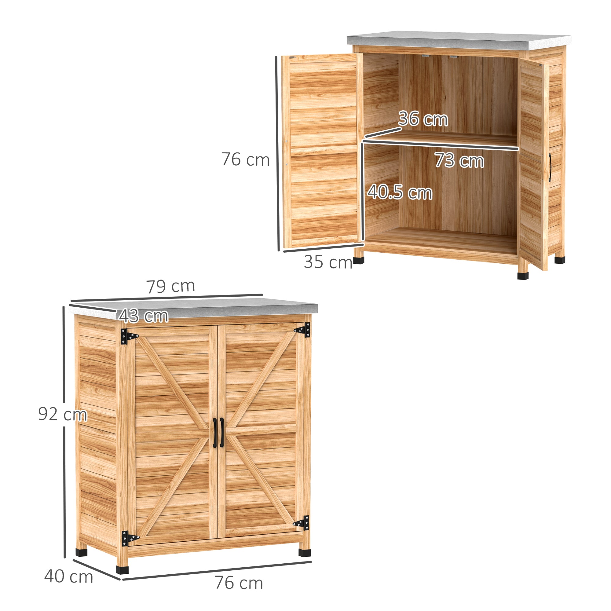 Outdoor Cabinet with Internal Shelf and Work Bench, in Wood and Galvanized Steel, 79x43x92 cm, Wood color