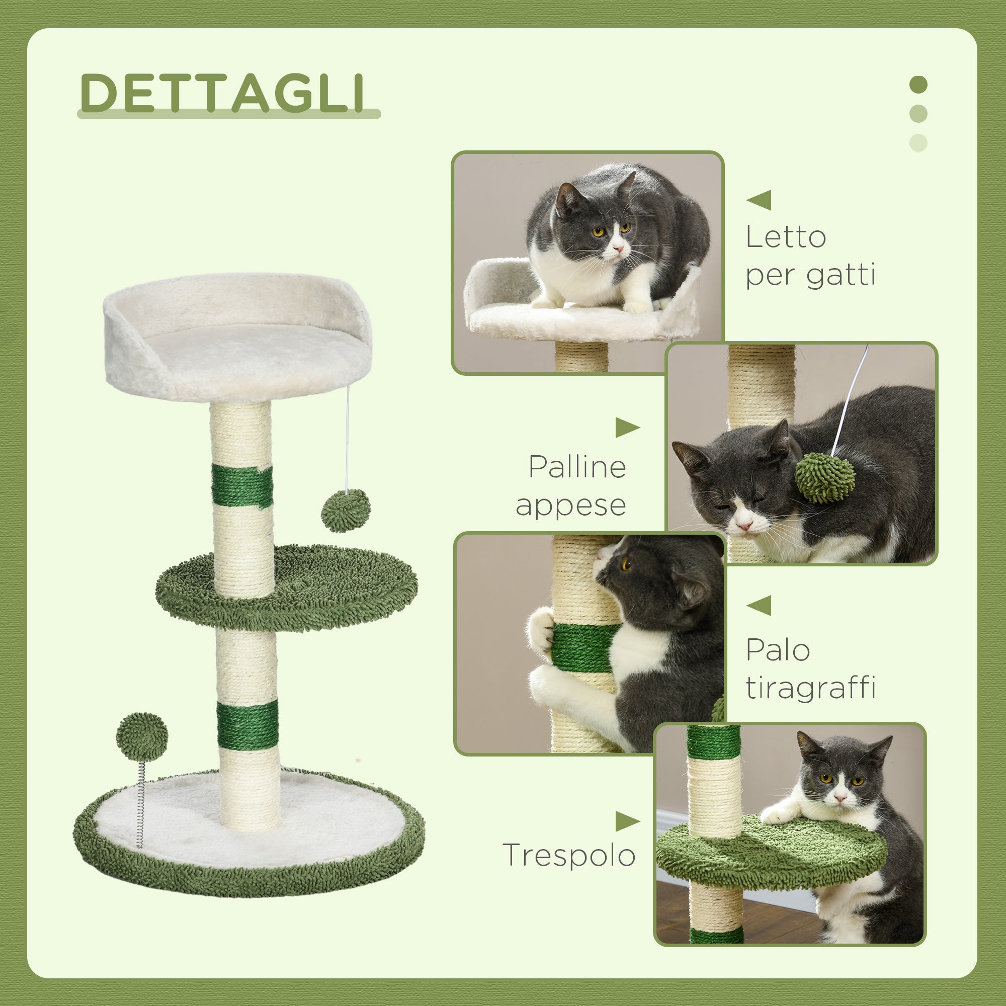 Cat Tree with Cat Bed, 2 Balls, Platform and Sisal Post, Green and White
