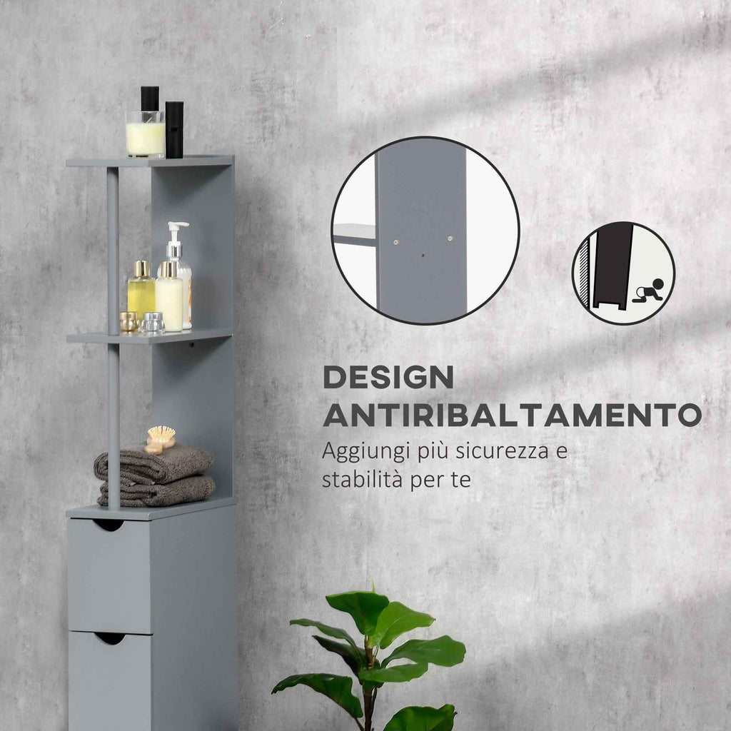 HOMCOM Bathroom Cabinet with Open Shelves and Drawers, Wooden, 15x33x136.8 cm, Grey