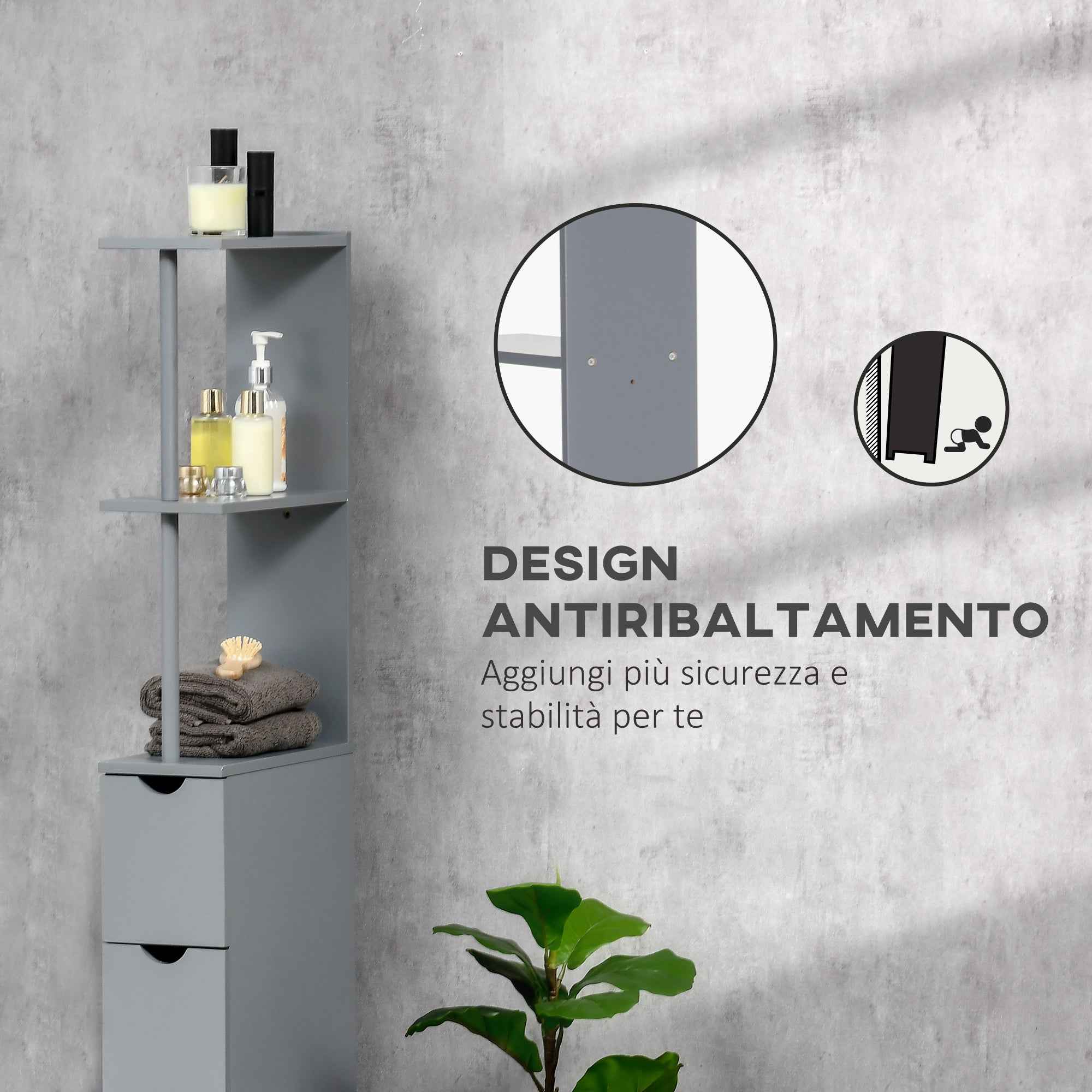 HOMCOM Bathroom Cabinet with Open Shelves and Drawers, Wooden, 15x33x136.8 cm, Grey