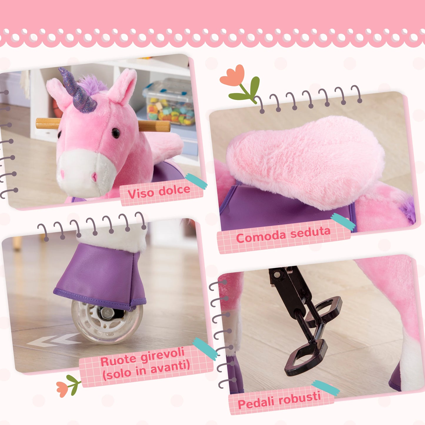 Unicorn Rocking Horse with Wheels for Children 3-6 Years, 70x32x87cm, Pink