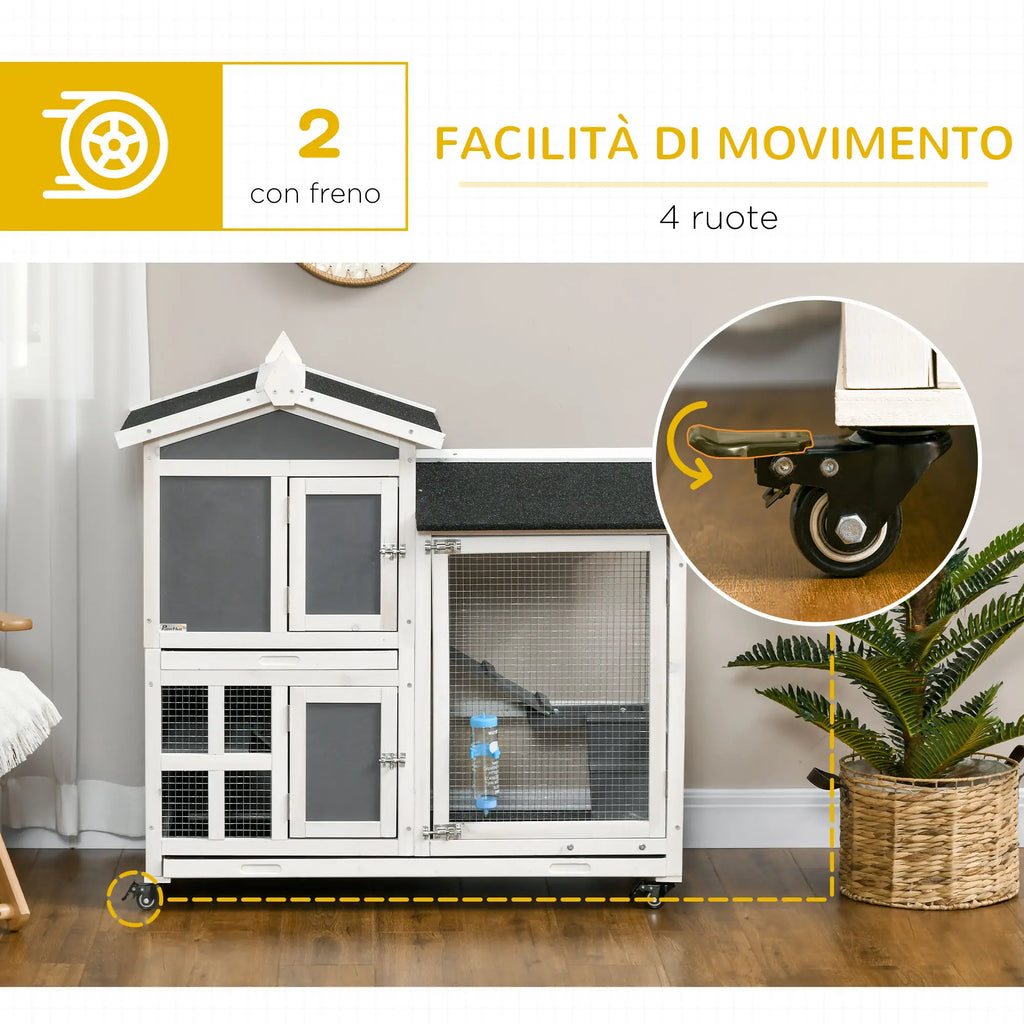 Outdoor Rabbit Hutch for 2 Wooden Rabbits with Removable Tray and Running Area, 110x60x104 cm - Borge' Group Limited