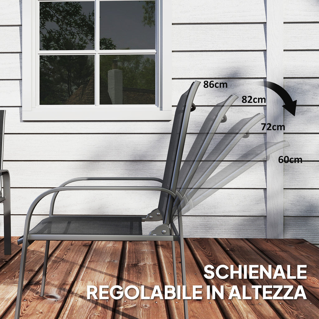 4-Piece Outdoor Set with Coffee Table, 2 Chairs and Sofa with Adjustable Backrest, in Steel and Black Textilene
