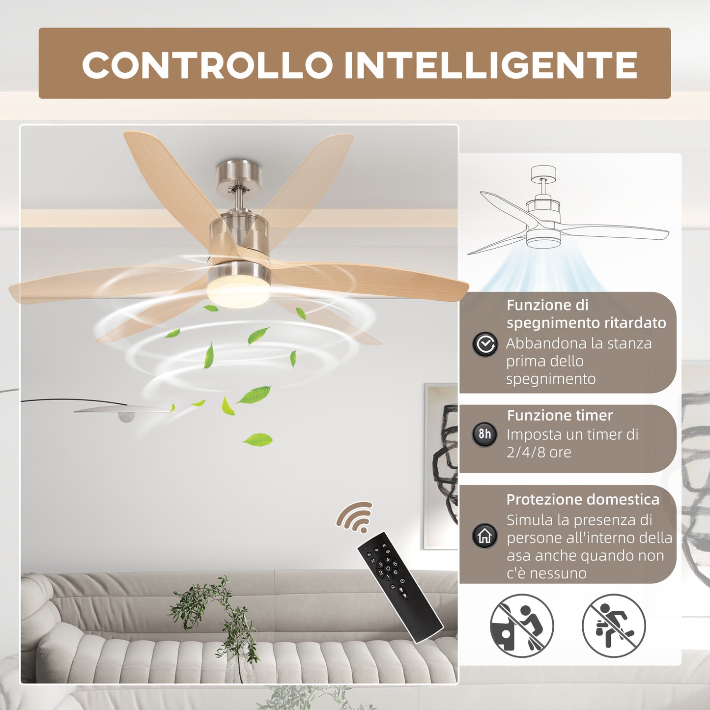 Modern Ceiling Fan with 6-Speed White LED Light and Timer, Metal and Acrylic Construction - Ø132 x 43 cm - Borgè