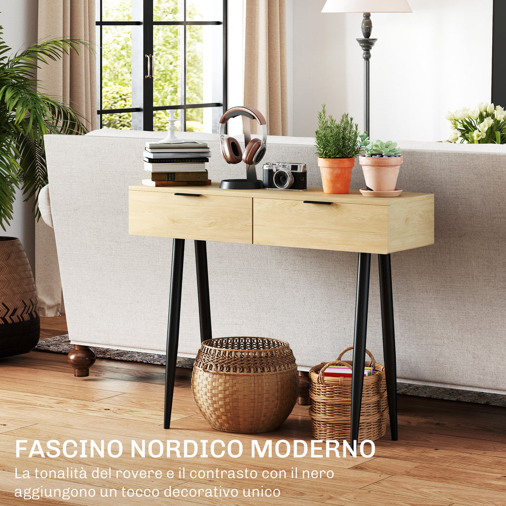 Nordic Style Entrance Console Table with 2 Drawers in Wood and Steel, 100x30x80.5 cm, Oak