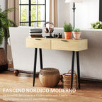 Nordic Style Entrance Console Table with 2 Drawers in Wood and Steel, 100x30x80.5 cm, Oak