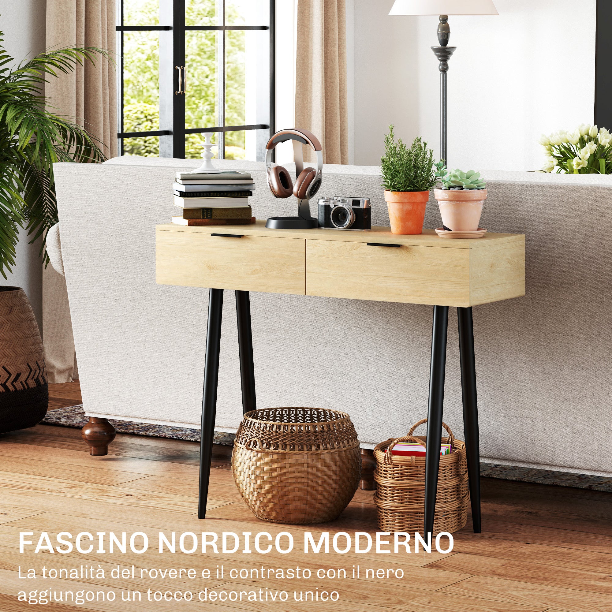 Nordic Style Entrance Console Table with 2 Drawers in Wood and Steel, 100x30x80.5 cm, Oak