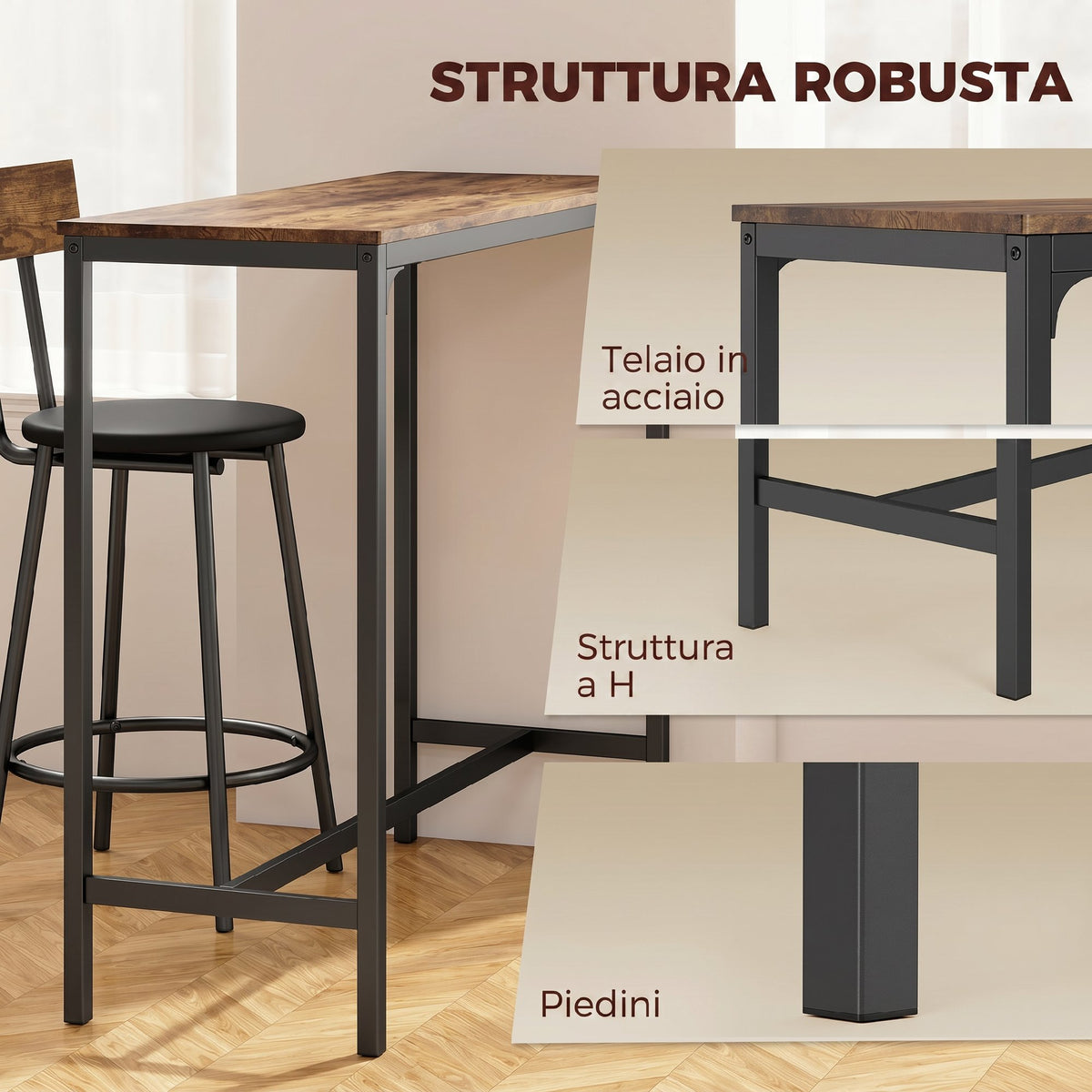 HOMCOM 3-Piece Bar Table Set Space-Saving Kitchen Table Rustic Brown