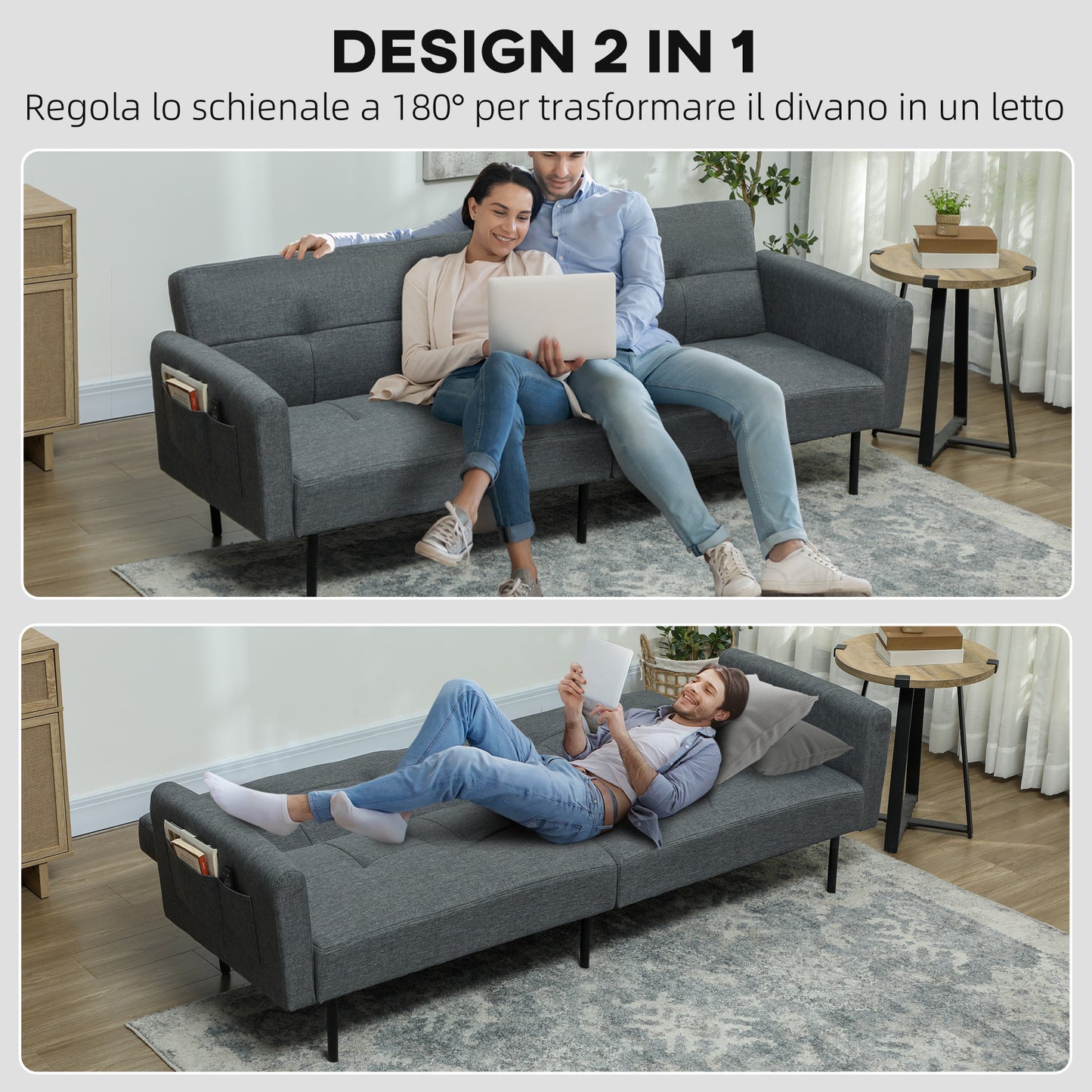 Clic Clac Sofa Bed with Adjustable Backrest in Linen Effect, Wood and Steel Fabric, 200x77x72 cm, Grey