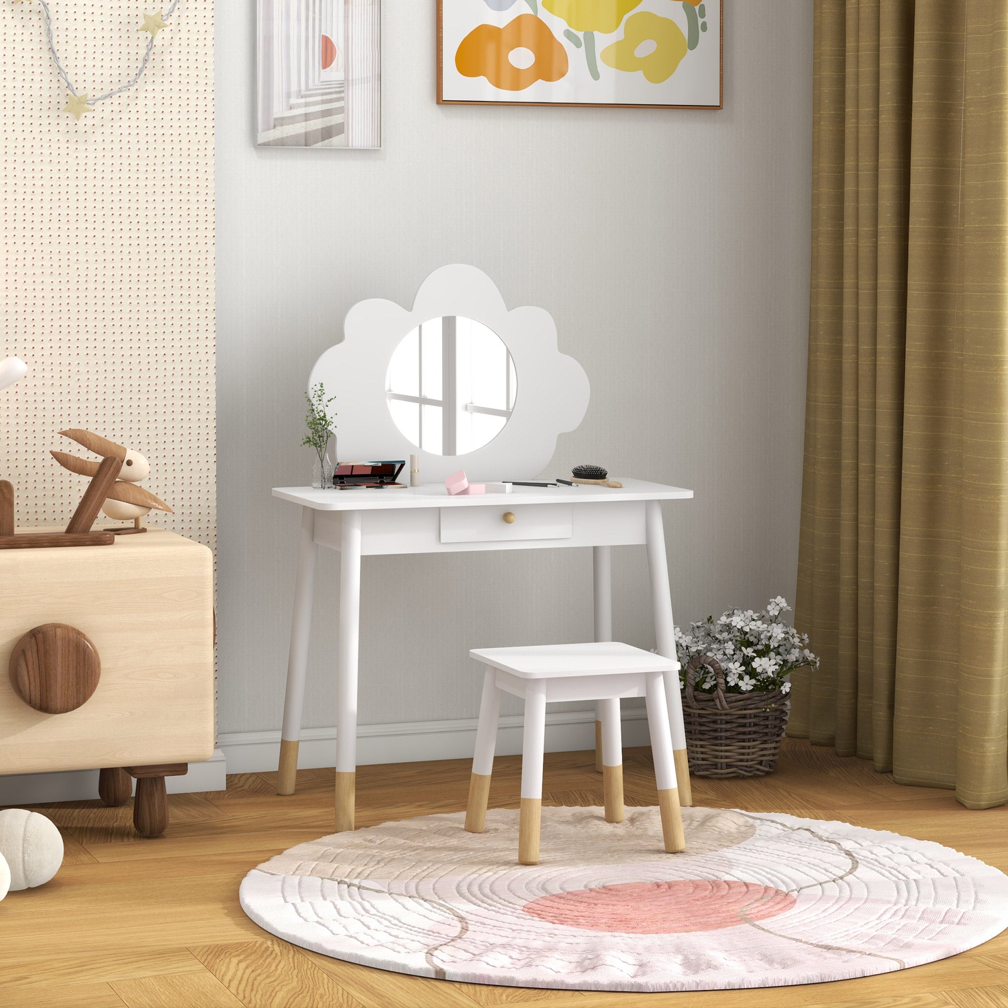 Girls Makeup Set 3-6 Years Old with Stool and Dressing Table with Mirror and Drawer in White Wood