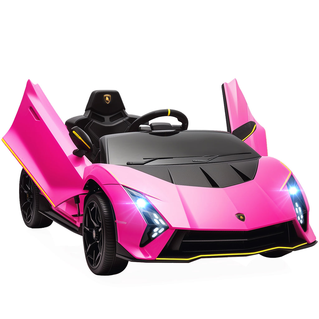 AIYAPLAY Electric Ride-On Car for Kids 3-6 Years Old, 12V Authentic Lamborghini with 2 Motors, Scissor Door, Suspension, Pink