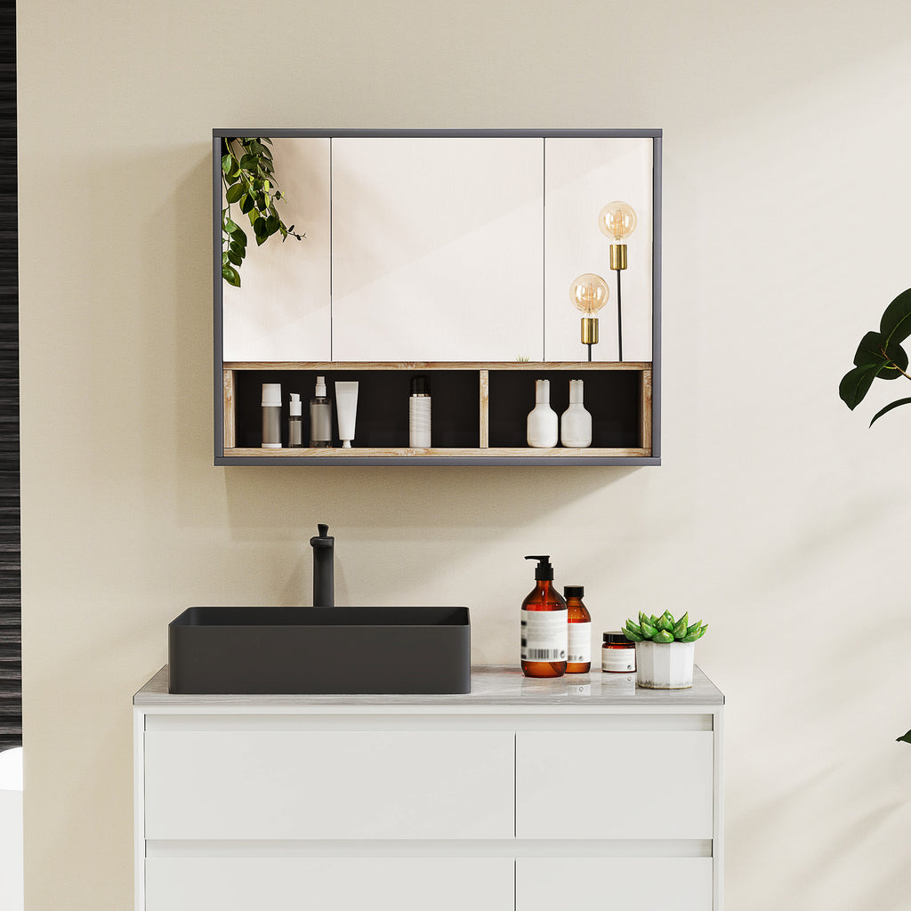 Bathroom Mirror 3-Door with 8-Compartment Cabinet and Soft-Cushioned Doors, 80x20x60 cm, Grey