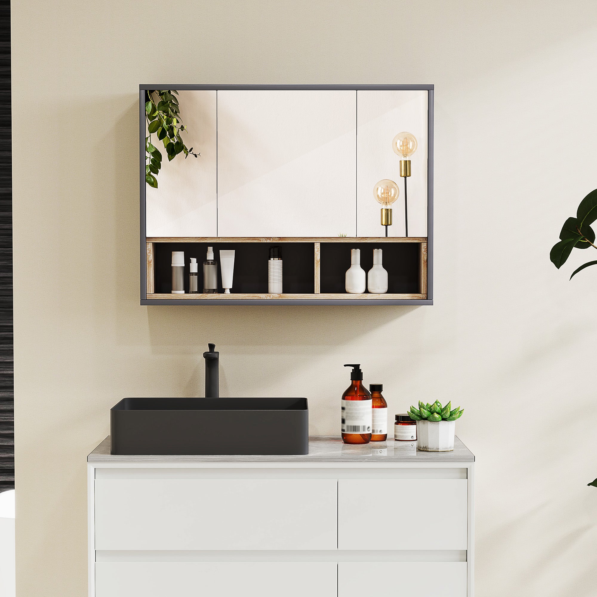 Bathroom Mirror 3-Door with 8-Compartment Cabinet and Soft-Cushioned Doors, 80x20x60 cm, Grey