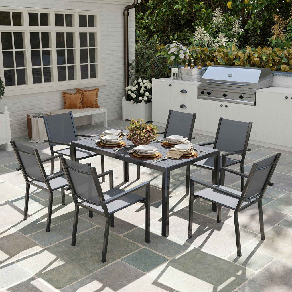 Outsunny 7-Piece Garden Set with Slatted Table and 6 Stackable Chairs, in Steel and Texteline, Grey