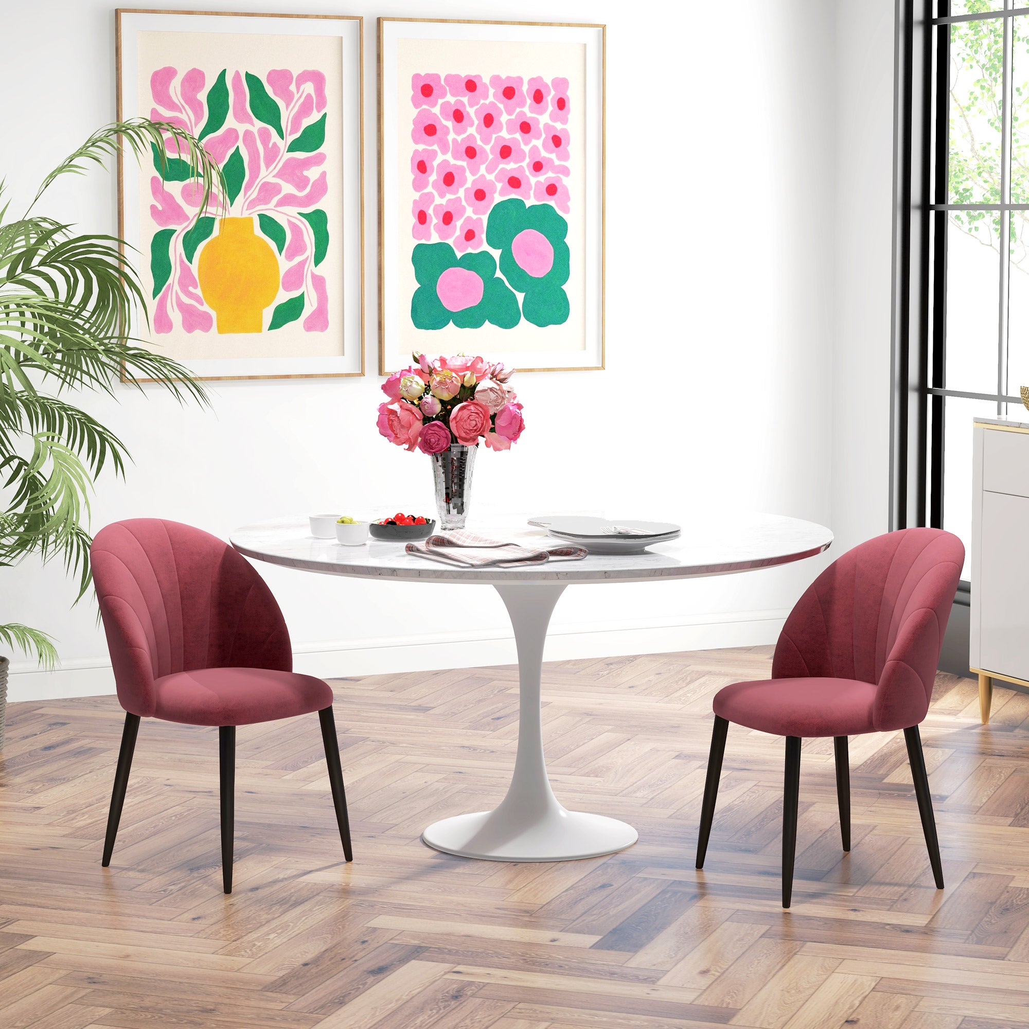 Set of 2 Nordic stye Velvet Dining Chairs with Metal Legs, Red