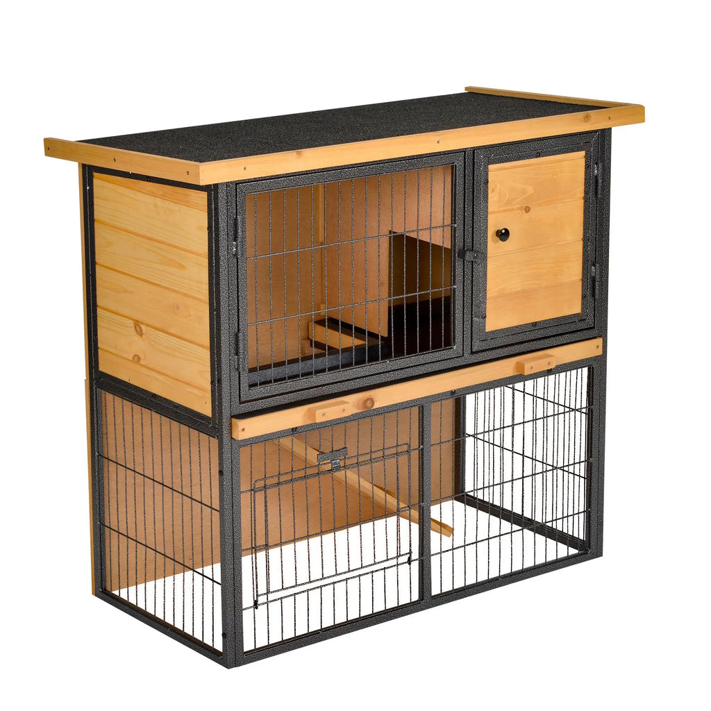 Rabbit Cage with Ramp and Open Area, 2-Tier Wooden and Metal Rabbit Hutch, Light Yellow, 89.5x45x81cm - Borge' Group Limited