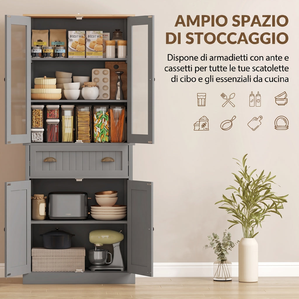 5-Tier Pantry Unit with Central Drawer in MDF and Chipboard, 76x40x182.5 cm, Grey