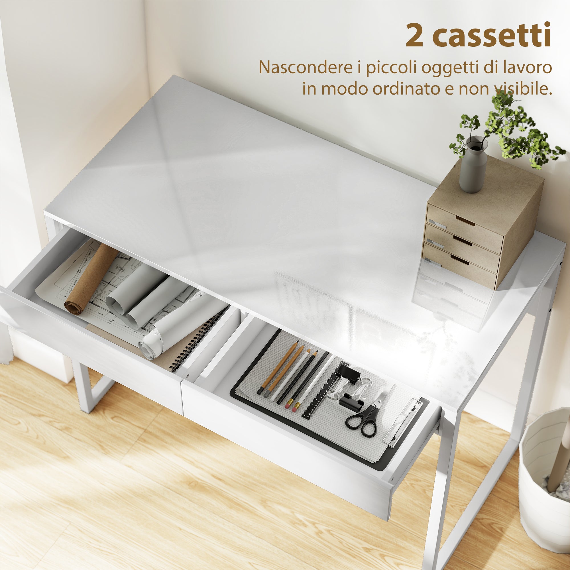 Modern Desk with 2 Drawers and Steel Legs, 100x50x75 cm, Gloss White