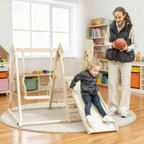 AIYAPLAY 5-in-1 Folding Climbing Game with Slide, 2 Walls, Swing and Basketball Hoop, Wooden, 140x172.5x116.5 cm