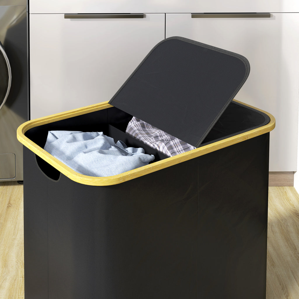 Laundry Basket 80L 2-Section with Lid, Non-Woven and Bamboo, 54x34x58.5 cm, Black