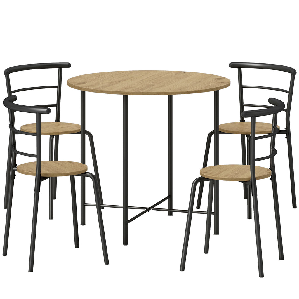 Round Dining Table Set with 4 Space-Saving Chairs in Wood and Metal, Industrial Style