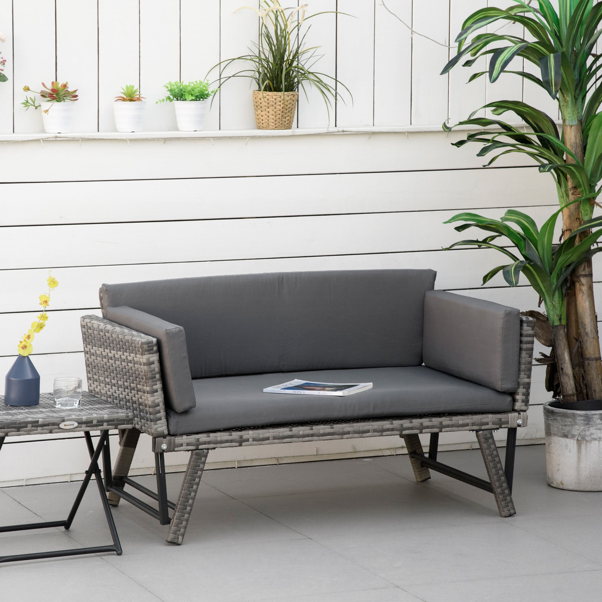 2 Seater Rattan Garden Sofa with Padding and Folding Armrests, 129x63x67cm, Grey