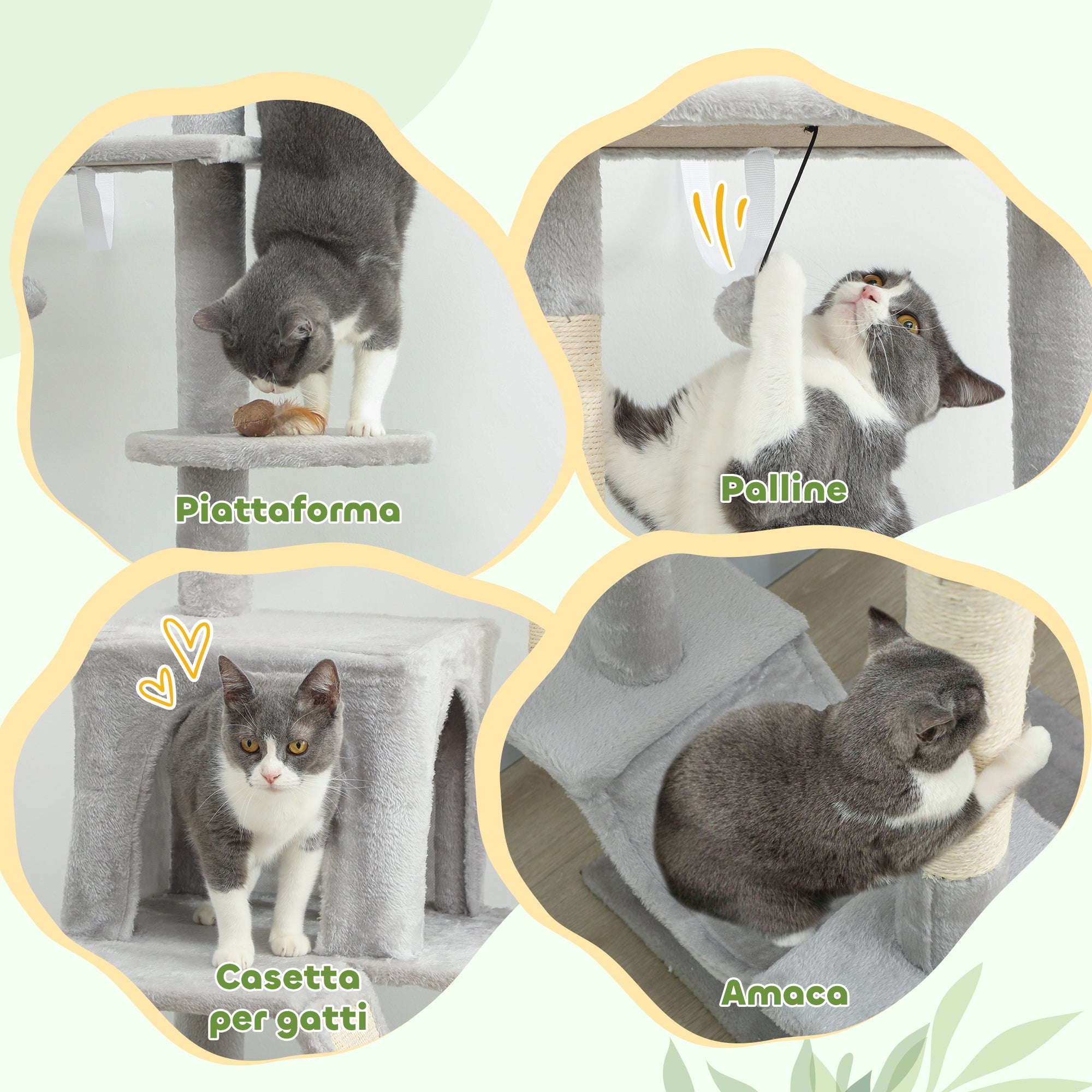 Ceiling Cat Tree with Adjustable Height 225-255 cm with House and Hammock, Light Grey