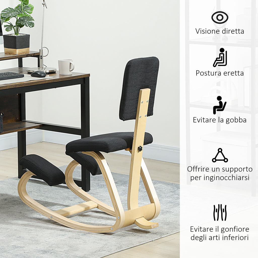 Rocking Kneeling Chair in Linen-Effect Fabric and Birch Wood, 51x84x93 cm, Black