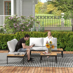 4 Piece Garden Set with 2 2 Seater Sofas and 2 Coffee Tables in Metal and Composite Wood, Grey Black and Teak