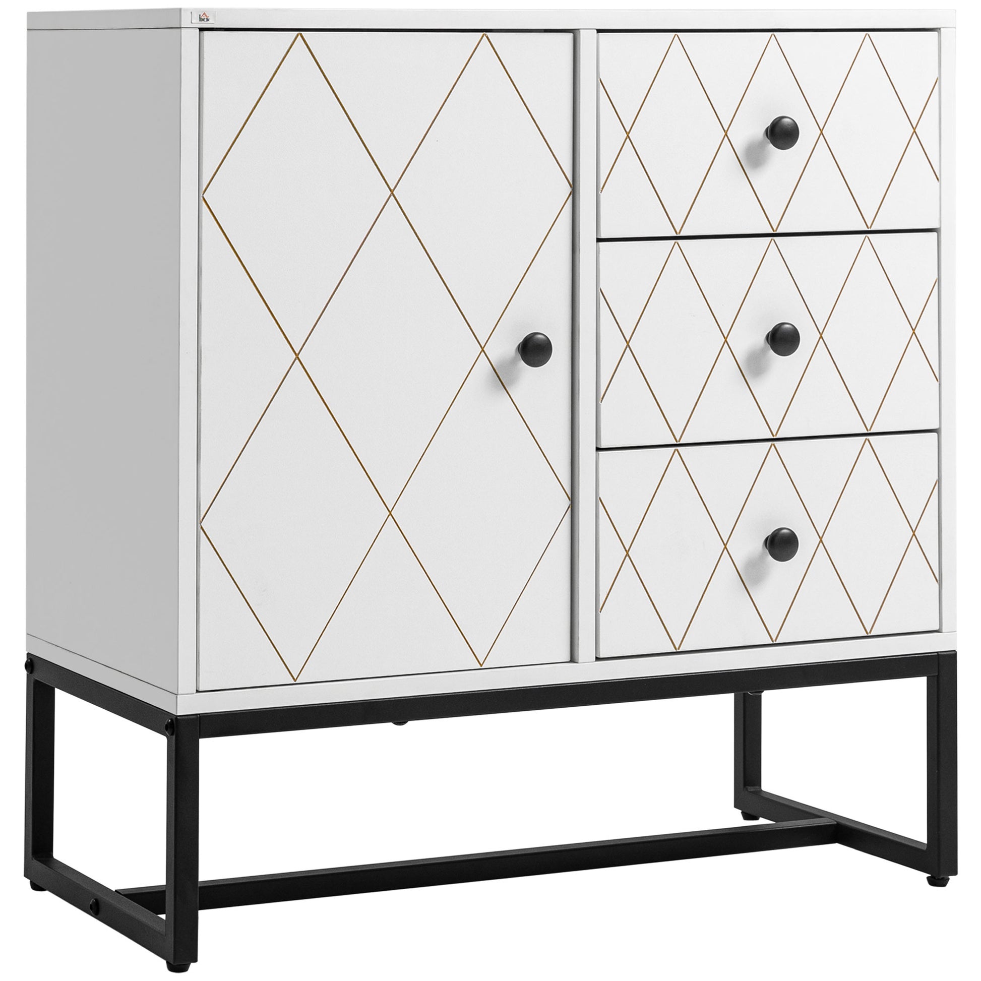 Diamond-shaped chest of drawers with 3 drawers and a cabinet with adjustable shelf, in steel and MDF, 70x35x75 cm, White - Borgè