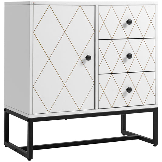 Diamond-shaped chest of drawers with 3 drawers and a cabinet with adjustable shelf, in steel and MDF, 70x35x75 cm, White