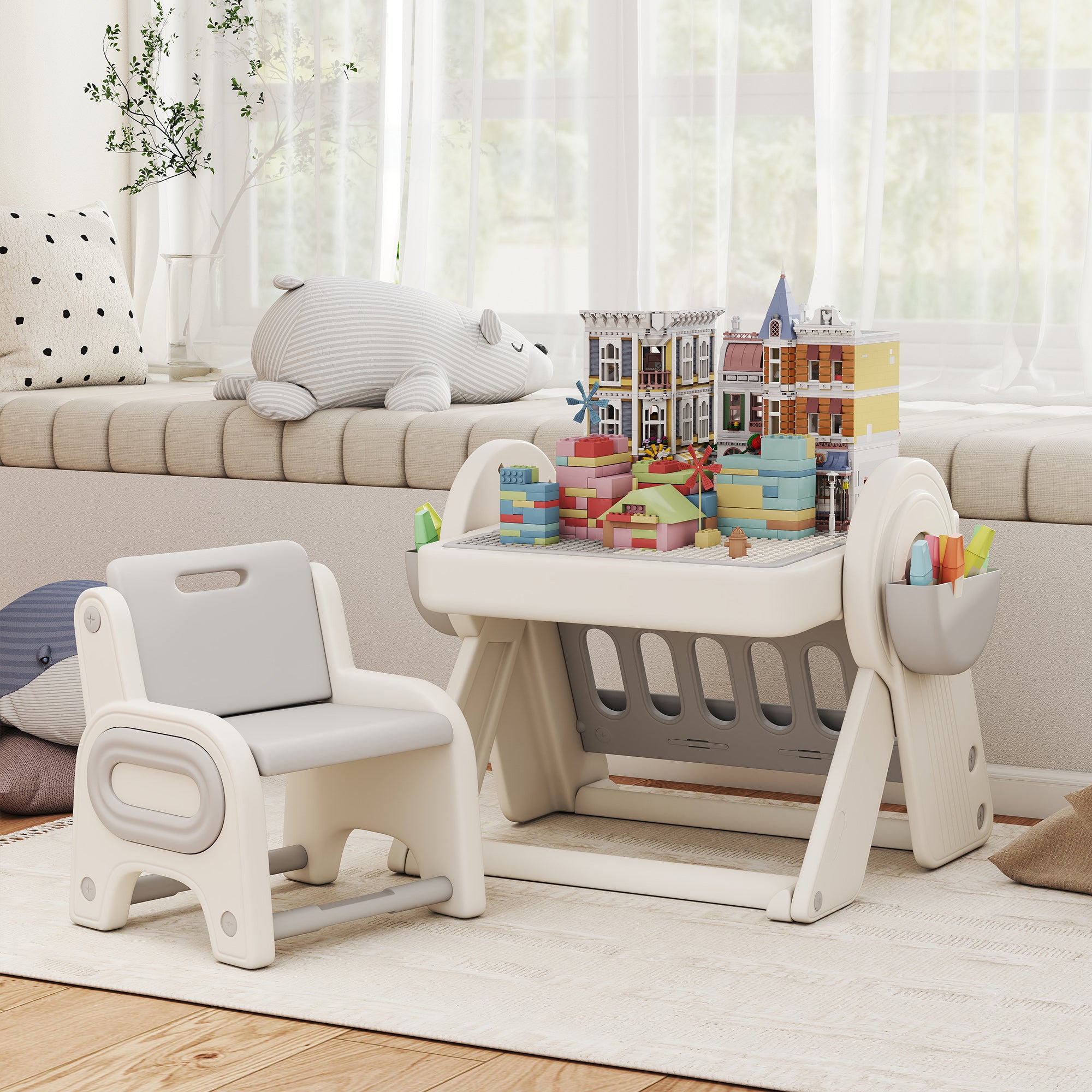 Multipurpose Children's Table with Storage Shelf and Drawers, in HDPE and PP, Grey and White