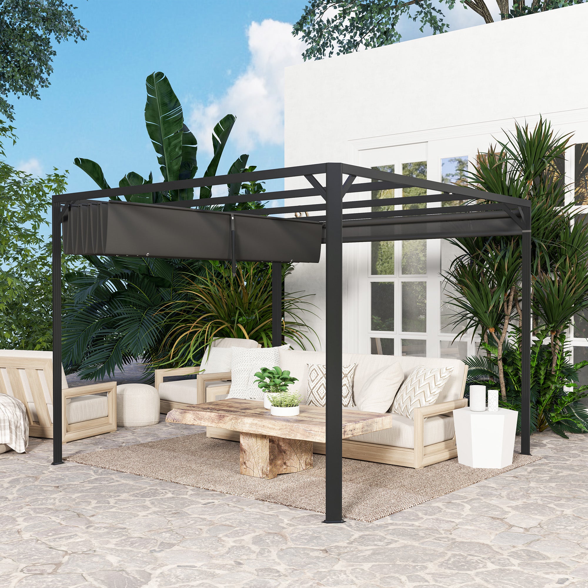 Gazebo Pergola Retractable 3x3 m with Roller Blind and Drainage Holes, in Steel and Polyester Dark Grey