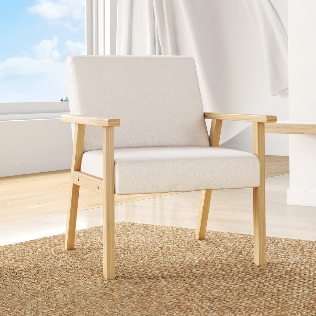 Scandinavian Style Pine Wood Armchair with 2 Cushions, 64x70x72 cm, Grey and Wood Color