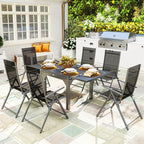 7 Piece Garden Set with 6 Folding Chairs and Extendable Table, in Steel, Aluminum and Mesh Grey and Black