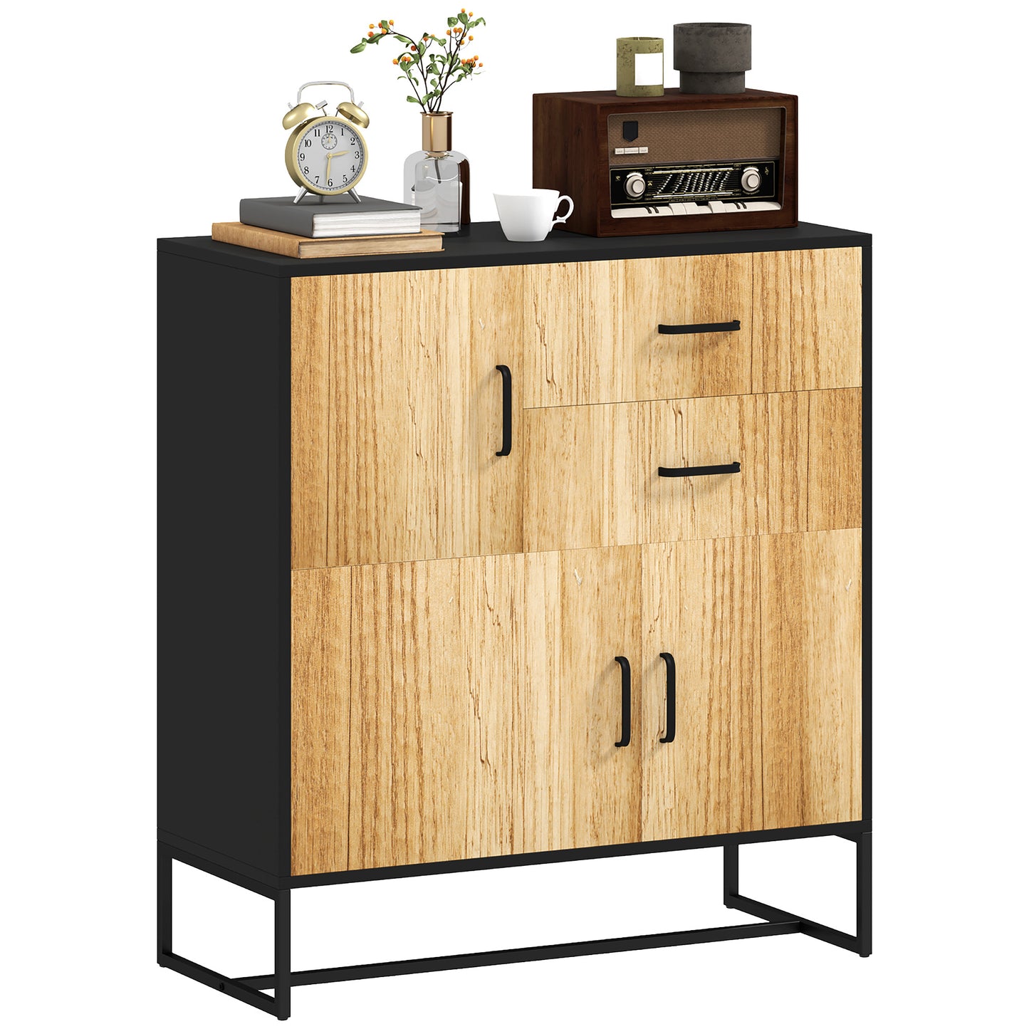 Modern Sideboard with 3 Cabinets and 2 Drawers, in Chipboard and Steel, 80x35x88 cm, Black and Wood Color