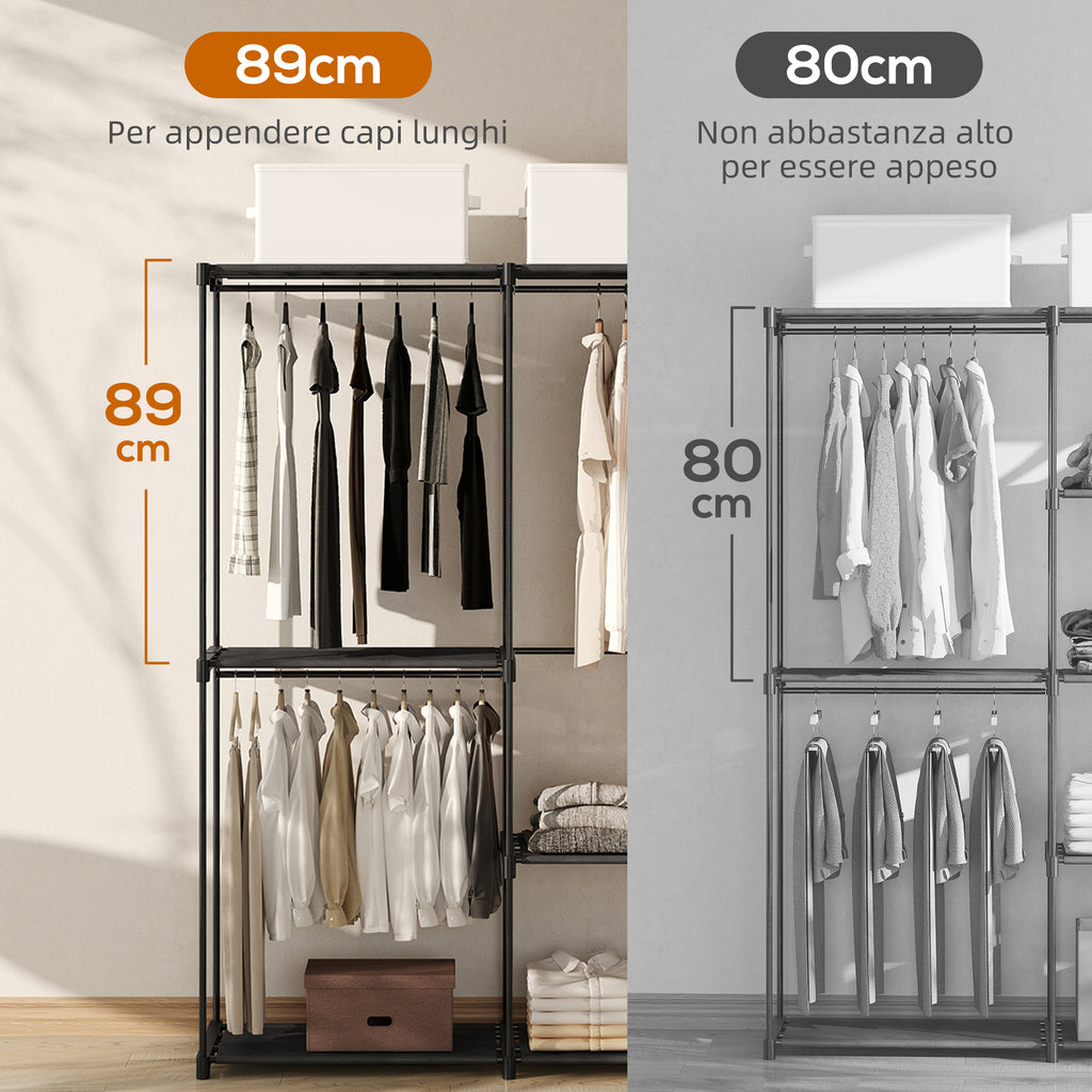 Portable Wardrobe with 2 Rods and 6 Shelves, in Non-Woven Fabric, Plastic and Steel, 111x43x185 cm, Black