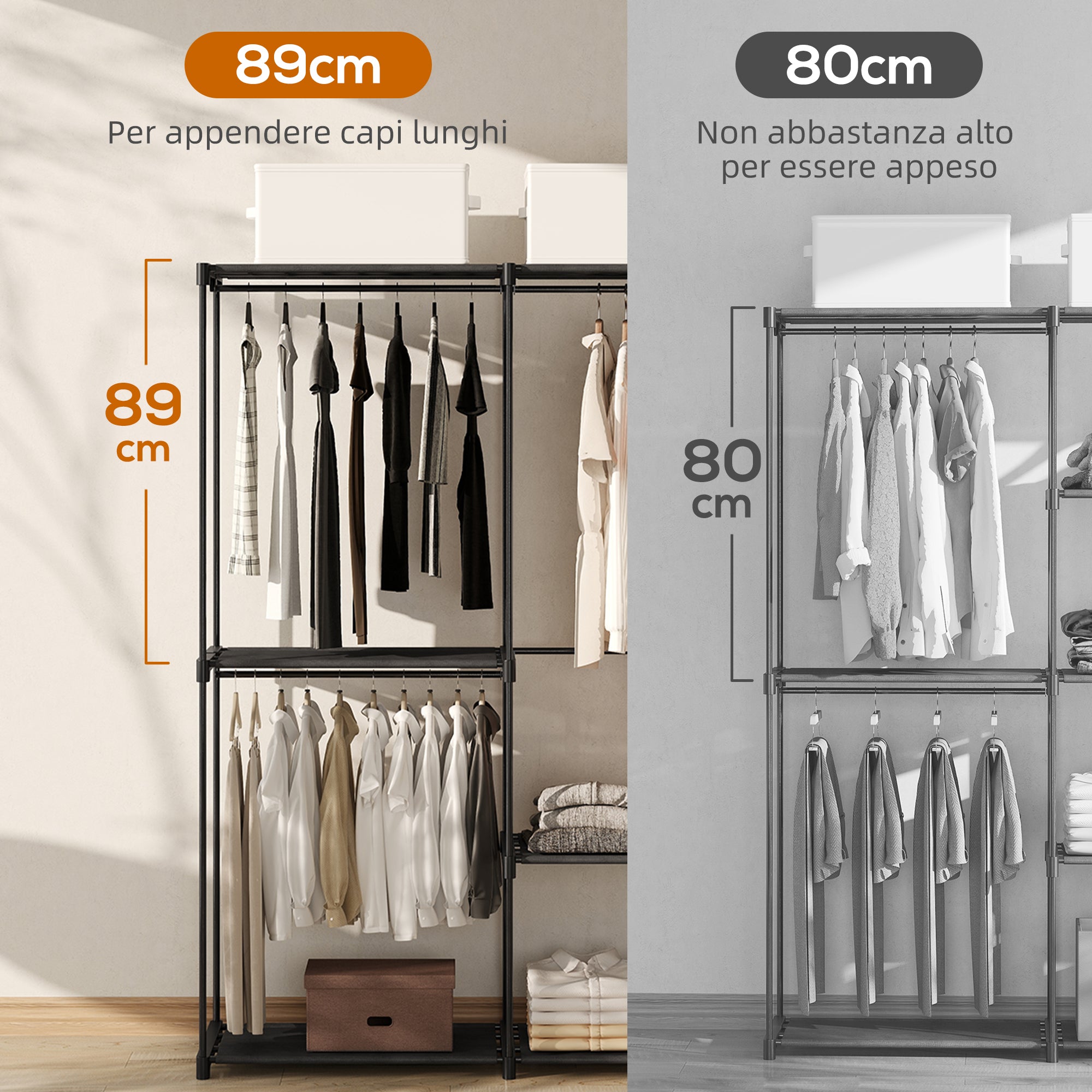 Portable Wardrobe with 2 Rods and 6 Shelves, in Non-Woven Fabric, Plastic and Steel, 111x43x185 cm, Black