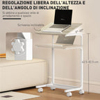 Adjustable Work Table with Tilting Top and 4 Wheels, in Wood and Metal, 55x36x62.5-82.5 cm, White and Oak